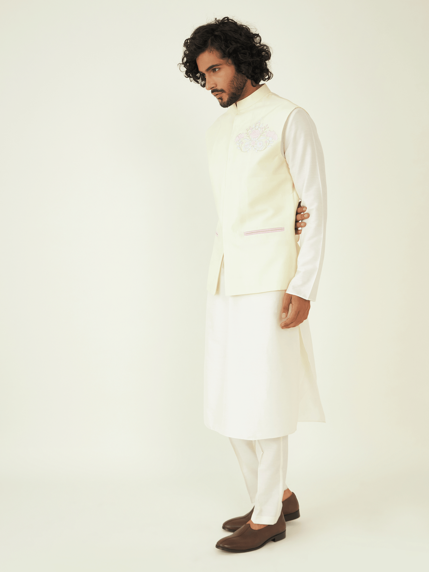 Yellow Chanderi Silk Jacket at Kamakhyaa by RoohbyRidhimaa. This item is Chanderi Silk, Festive Wear, Jackets, Men Jackets, Menswear By RoohbyRidhimaa, Qala By RoohbyRidhimaa, Regular Fit, Resham Embroidered, Silk Chanderi, Yellow