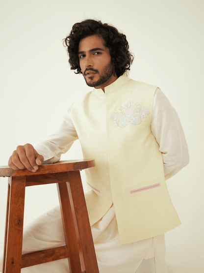 Yellow Chanderi Silk Jacket at Kamakhyaa by RoohbyRidhimaa. This item is Chanderi Silk, Festive Wear, Jackets, Men Jackets, Menswear By RoohbyRidhimaa, Qala By RoohbyRidhimaa, Regular Fit, Resham Embroidered, Silk Chanderi, Yellow