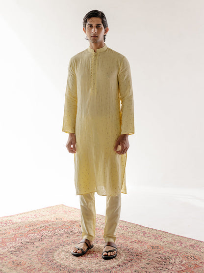 Yellow Cotton Kurta Set at Kamakhyaa by RoohbyRidhimaa. This item is Cotton, Cotton Linen, Cotton Silk, Festive Wear, Kurta Pant Sets, Linen, Luxurious Cotton Linen, Men Kurta Pant Sets, Menswear By RoohbyRidhimaa, Qala By RoohbyRidhimaa, Regular Fit, Solids, Yellow