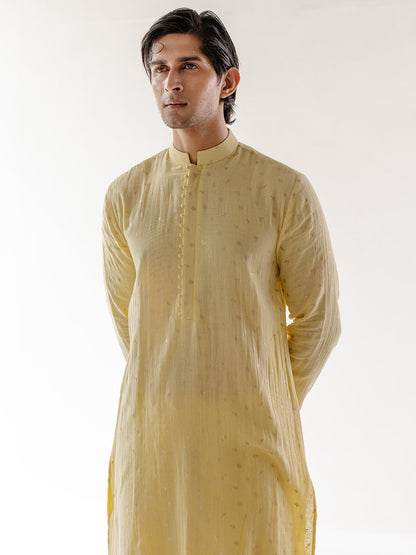 Yellow Cotton Kurta Set at Kamakhyaa by RoohbyRidhimaa. This item is Cotton, Cotton Linen, Cotton Silk, Festive Wear, Kurta Pant Sets, Linen, Luxurious Cotton Linen, Men Kurta Pant Sets, Menswear By RoohbyRidhimaa, Qala By RoohbyRidhimaa, Regular Fit, Solids, Yellow