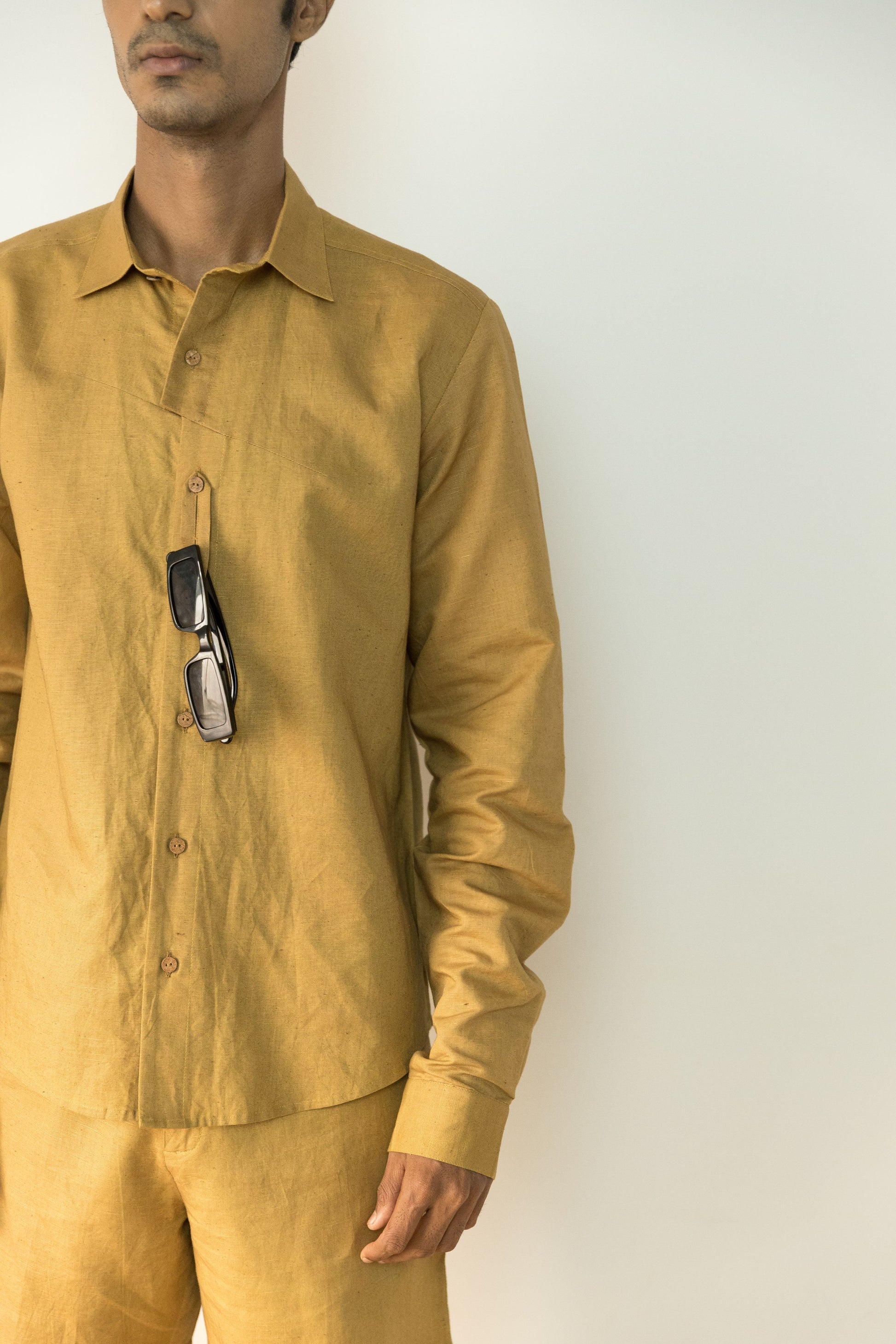 Yellow Cotton Shirt at Kamakhyaa by Anushé Pirani. This item is Best Selling, Casual Wear, Cotton, Cotton Hemp, For Him, Handwoven, Hemp, Menswear, Regular Fit, Shibumi Collection, Shirts, Solids, Tops, Yellow