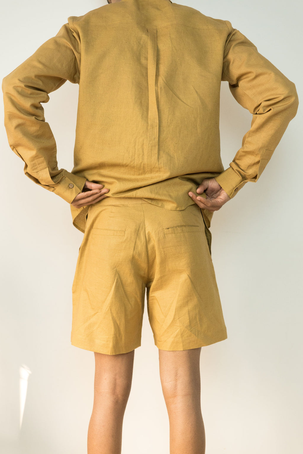 Yellow Cotton Shorts by Anushé Pirani with Casual Wear, Cotton, Cotton Hemp, For Him, For Siblings, Handwoven, Hemp, Mens Bottom, Menswear, Regular Fit, Shibumi Collection, Shorts, Solids, Yellow at Kamakhyaa for sustainable fashion