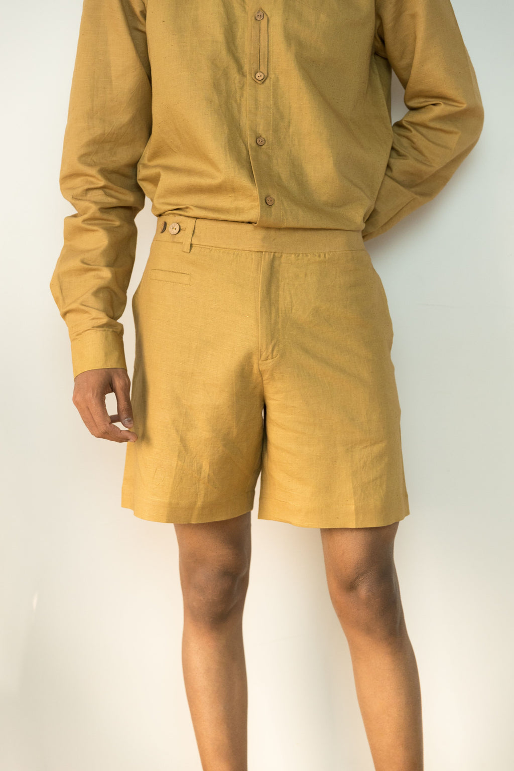 Yellow Cotton Shorts by Anushé Pirani with Casual Wear, Cotton, Cotton Hemp, For Him, For Siblings, Handwoven, Hemp, Mens Bottom, Menswear, Regular Fit, Shibumi Collection, Shorts, Solids, Yellow at Kamakhyaa for sustainable fashion
