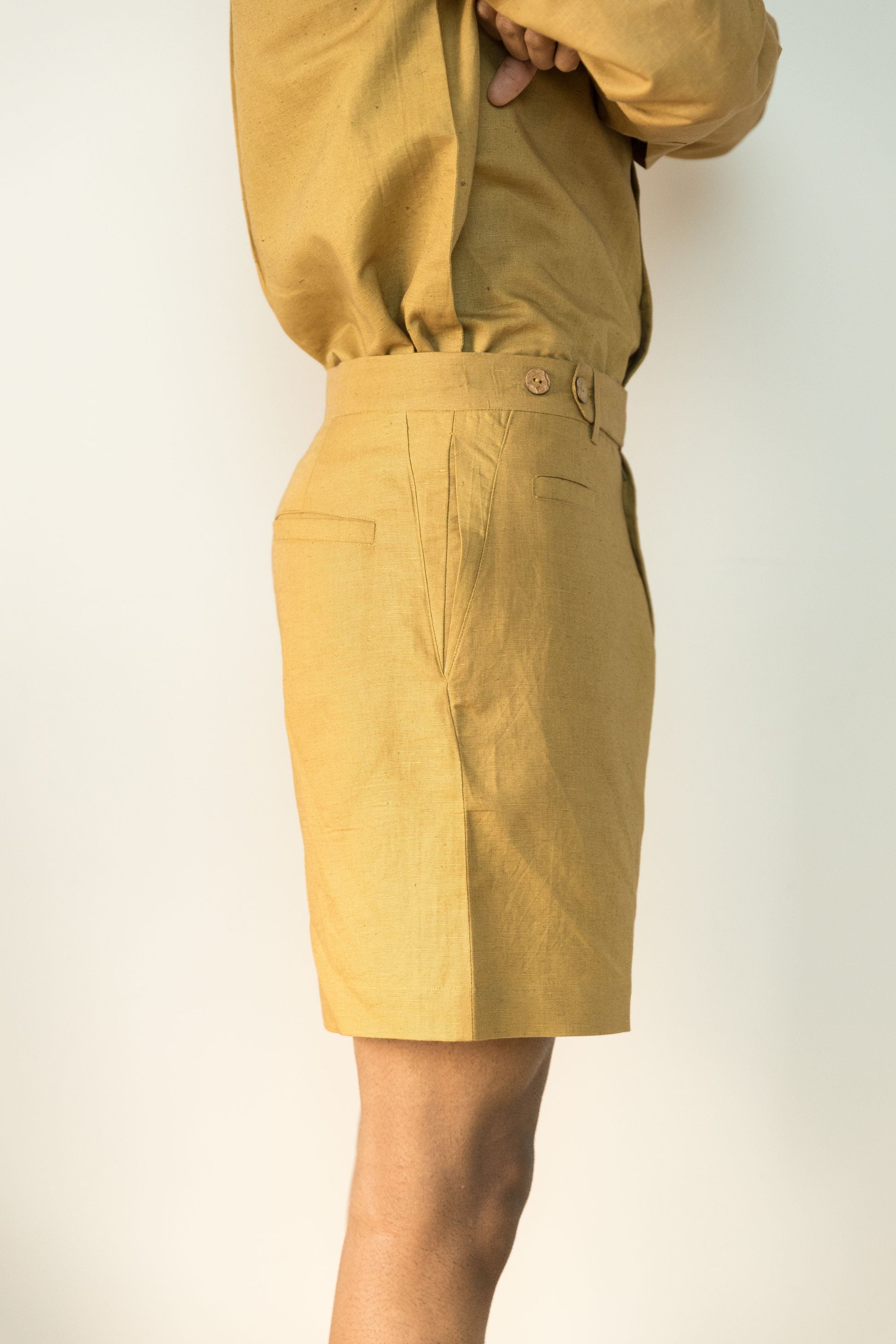 Yellow Cotton Shorts at Kamakhyaa by Anushé Pirani. This item is Casual Wear, Cotton, Cotton Hemp, For Him, For Siblings, Handwoven, Hemp, Mens Bottom, Menswear, Regular Fit, Shibumi Collection, Shorts, Solids, Yellow