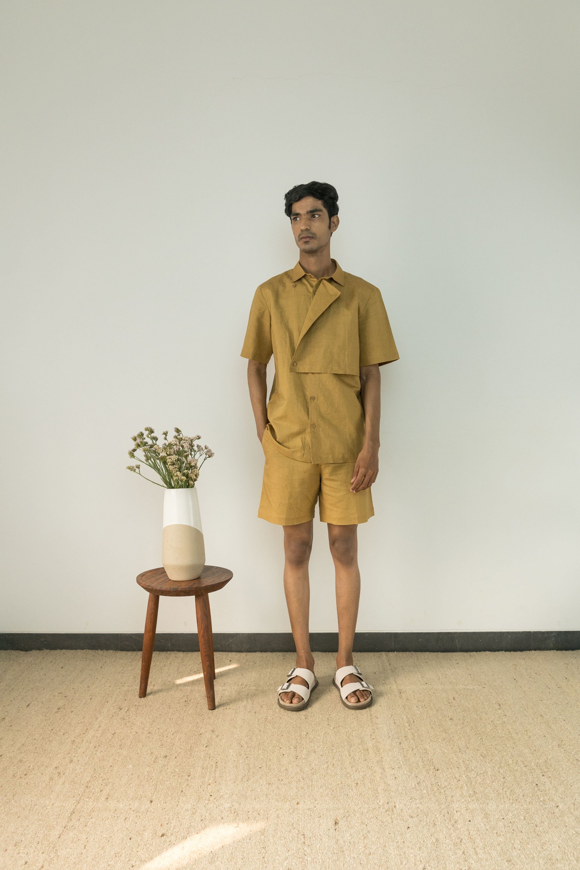 Yellow Cotton Shorts at Kamakhyaa by Anushé Pirani. This item is Casual Wear, Cotton, Cotton Hemp, For Him, For Siblings, Handwoven, Hemp, Mens Bottom, Menswear, Regular Fit, Shibumi Collection, Shorts, Solids, Yellow