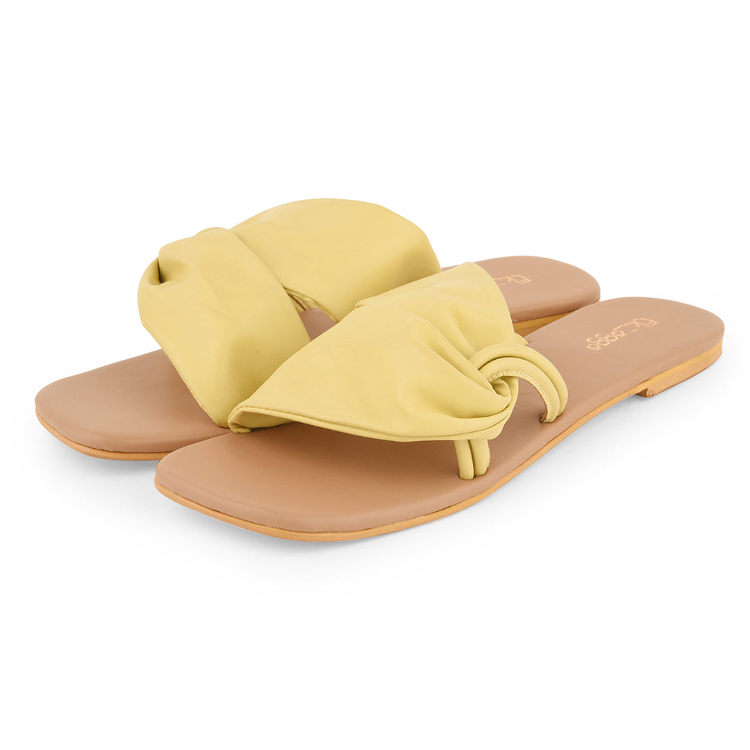 Yellow Flats for Summer at Kamakhyaa by EK_agga. This item is Casual Wear, Flats, Iconic Thread of Taylor Swift Evermore, Iconic Threads of Hina Khan, Less than $50, Open Toes Footwear, Party Wear, Patent leather, Regular Fit, Santorini, Solids, Vegan, Yellow