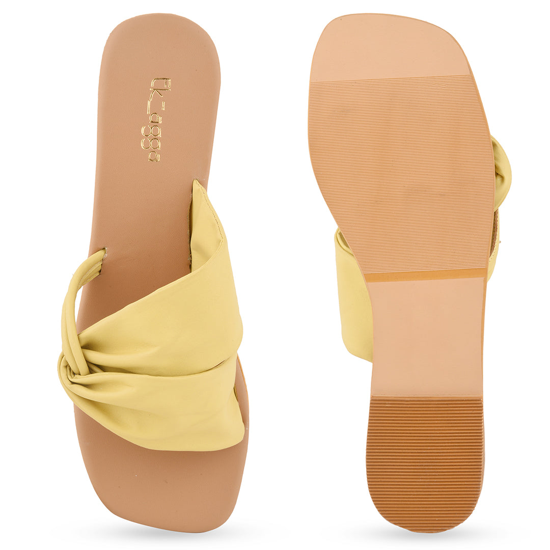 Yellow Flats for Summer at Kamakhyaa by EK_agga. This item is Casual Wear, Flats, Iconic Thread of Taylor Swift Evermore, Iconic Threads of Hina Khan, Less than $50, Open Toes Footwear, Party Wear, Patent leather, Regular Fit, Santorini, Solids, Vegan, Yellow