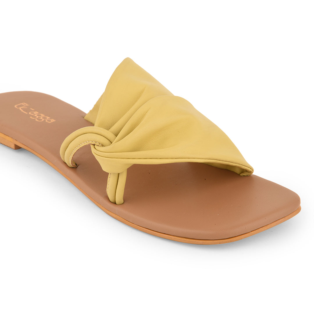 Yellow Flats for Summer at Kamakhyaa by EK_agga. This item is Casual Wear, Flats, Iconic Thread of Taylor Swift Evermore, Iconic Threads of Hina Khan, Less than $50, Open Toes Footwear, Party Wear, Patent leather, Regular Fit, Santorini, Solids, Vegan, Yellow