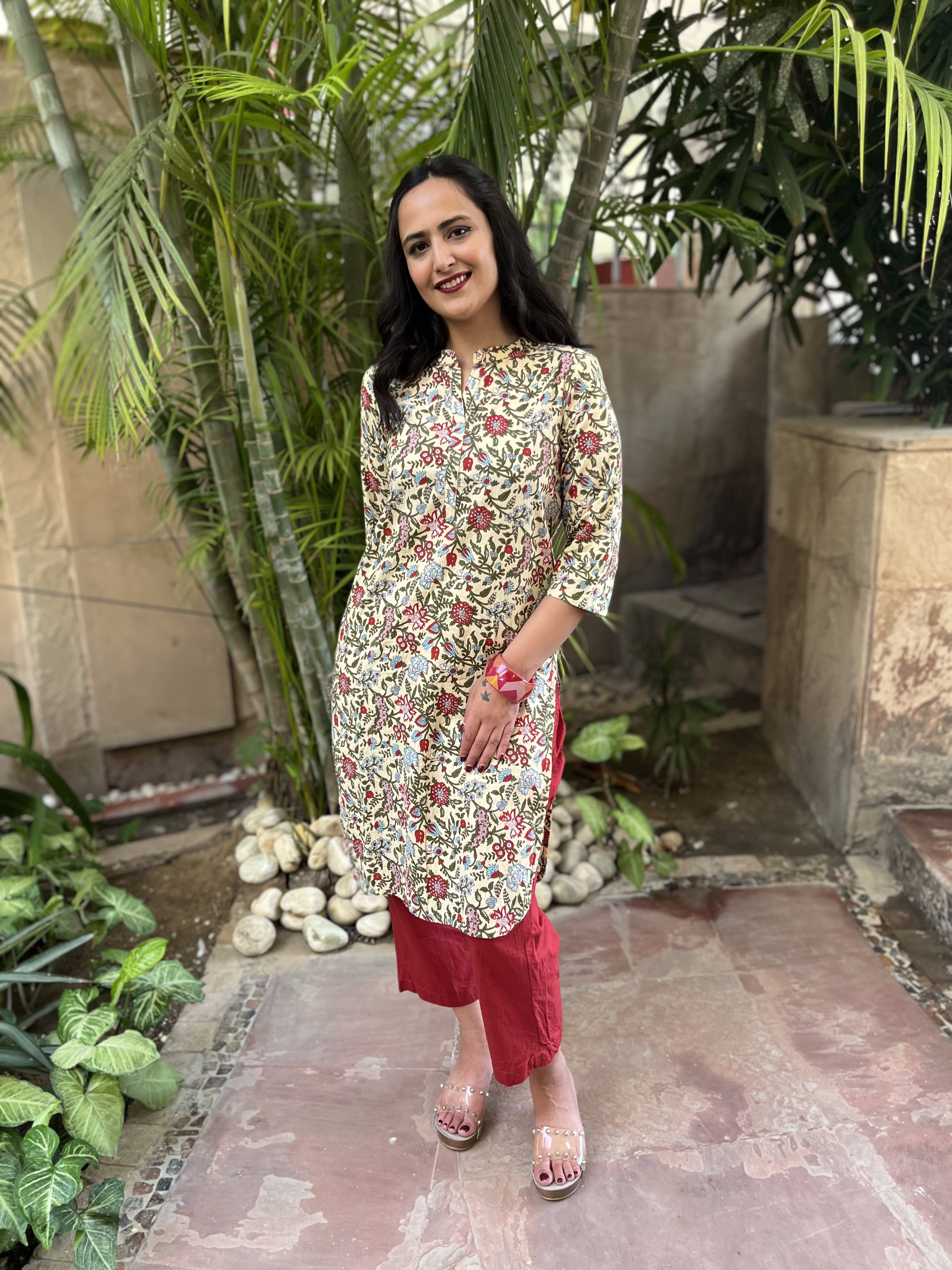 Yellow Kurta With Red Pants at Kamakhyaa by Kamakhyaa. This item is 100% pure cotton, Casual Wear, Indian Wear, KKYSS, Kurta Pant Sets, Natural, Prints, Regular Fit, Summer Sutra, Womenswear, Yellow