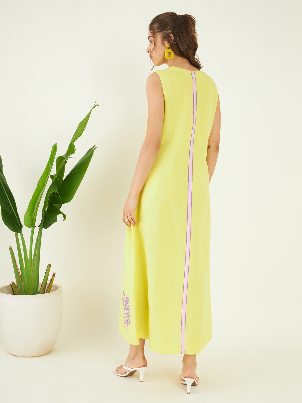 Yellow Linen Sundowner Dress at Kamakhyaa by Bohobi. This item is 100% Linen, Cotton Mulmul, Evening Wear, Leafy Pattern, Regular Fit, Sleeveless Dresses, Toxin free, Yellow