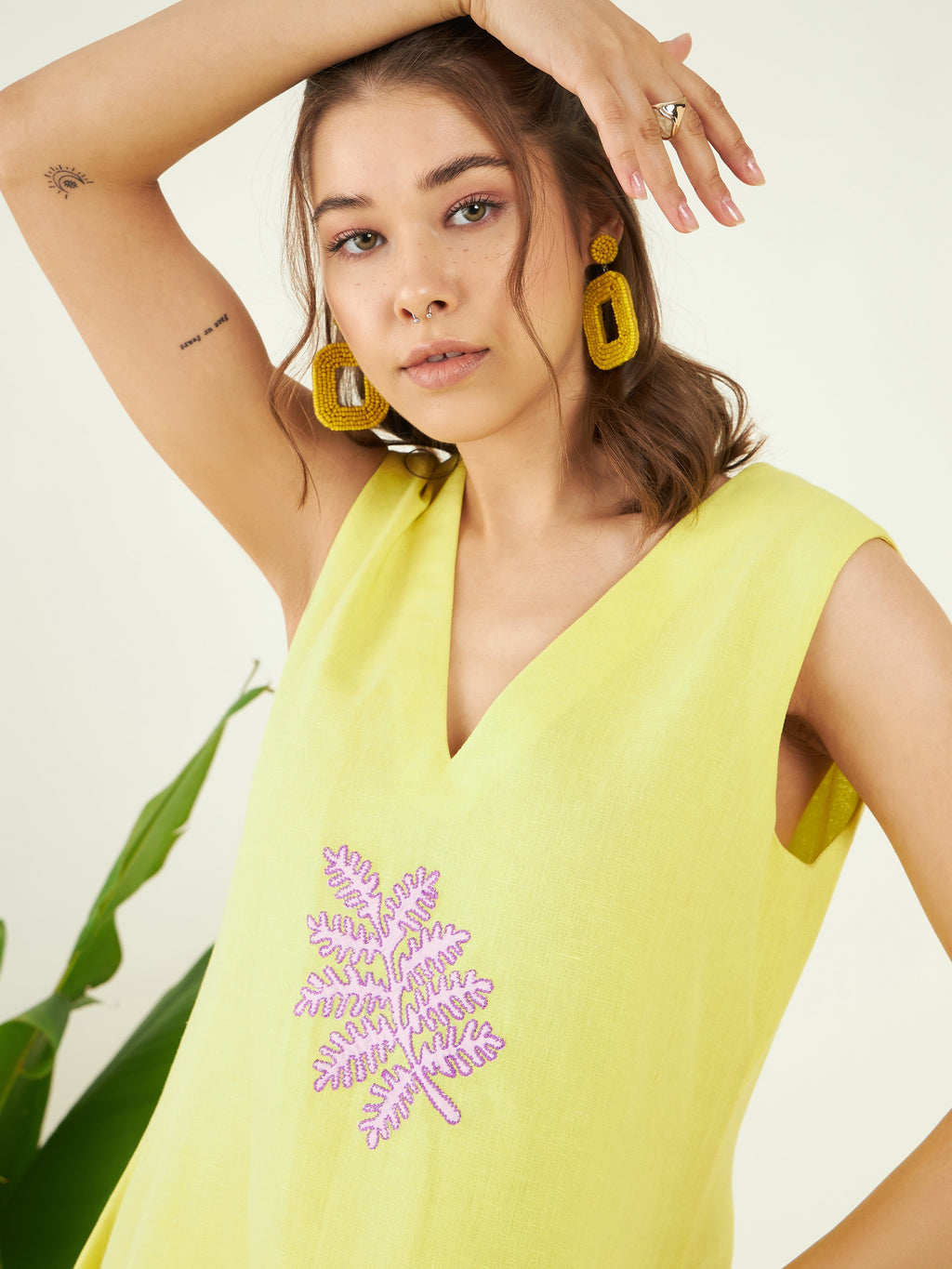Yellow Linen Sundowner Dress at Kamakhyaa by Bohobi. This item is 100% Linen, Cotton Mulmul, Evening Wear, Leafy Pattern, Regular Fit, Sleeveless Dresses, Toxin free, Yellow
