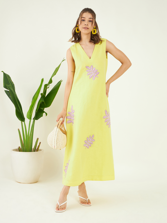 Yellow Linen Sundowner Dress at Kamakhyaa by Bohobi. This item is 100% Linen, Cotton Mulmul, Evening Wear, Leafy Pattern, Regular Fit, Sleeveless Dresses, Toxin free, Yellow