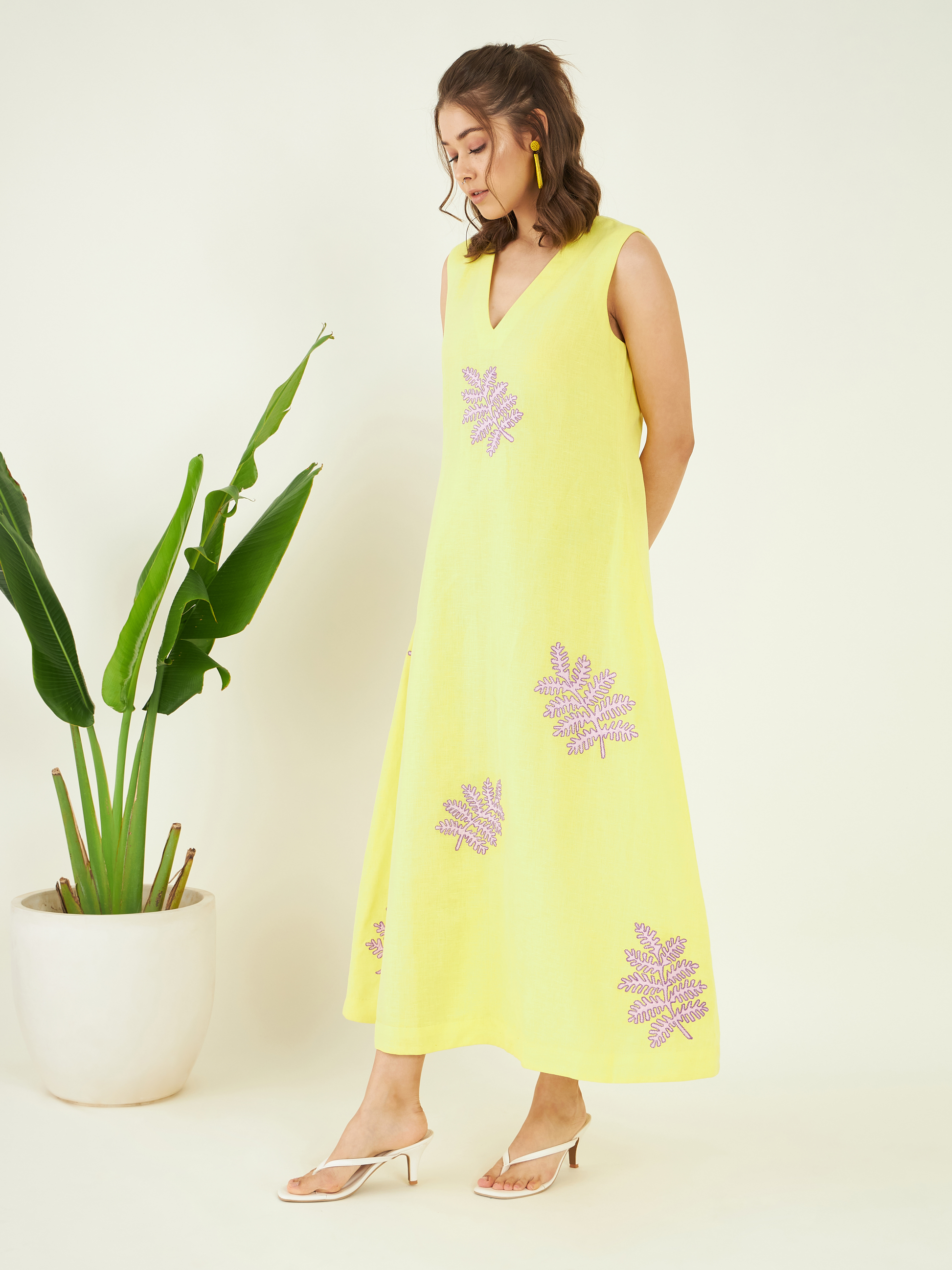 Yellow Linen Sundowner Dress at Kamakhyaa by Bohobi. This item is 100% Linen, Cotton Mulmul, Evening Wear, Leafy Pattern, Regular Fit, Sleeveless Dresses, Toxin free, Yellow