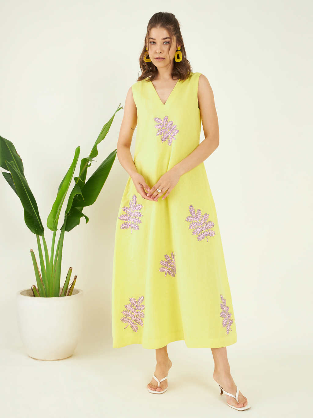 Yellow Linen Sundowner Dress at Kamakhyaa by Bohobi. This item is 100% Linen, Cotton Mulmul, Evening Wear, Leafy Pattern, Regular Fit, Sleeveless Dresses, Toxin free, Yellow
