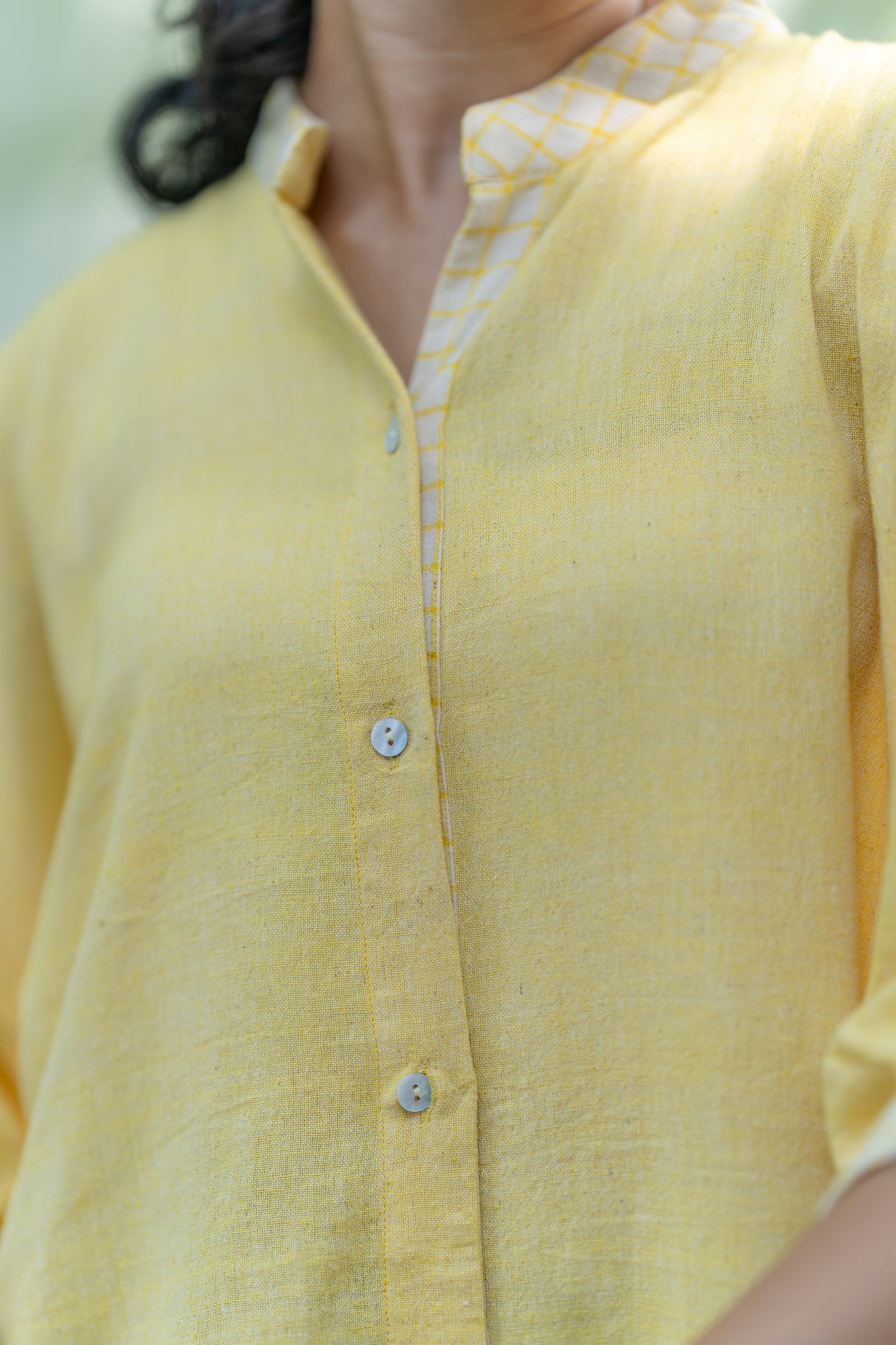 Yellow Mandarin Collar Handloom Cotton Shirt at Kamakhyaa by Krushnachuda. This item is Casual Wear, Handloom Cotton, Natural Dye, Organic, Relaxed Fit, Shirts, Solids, Yellow