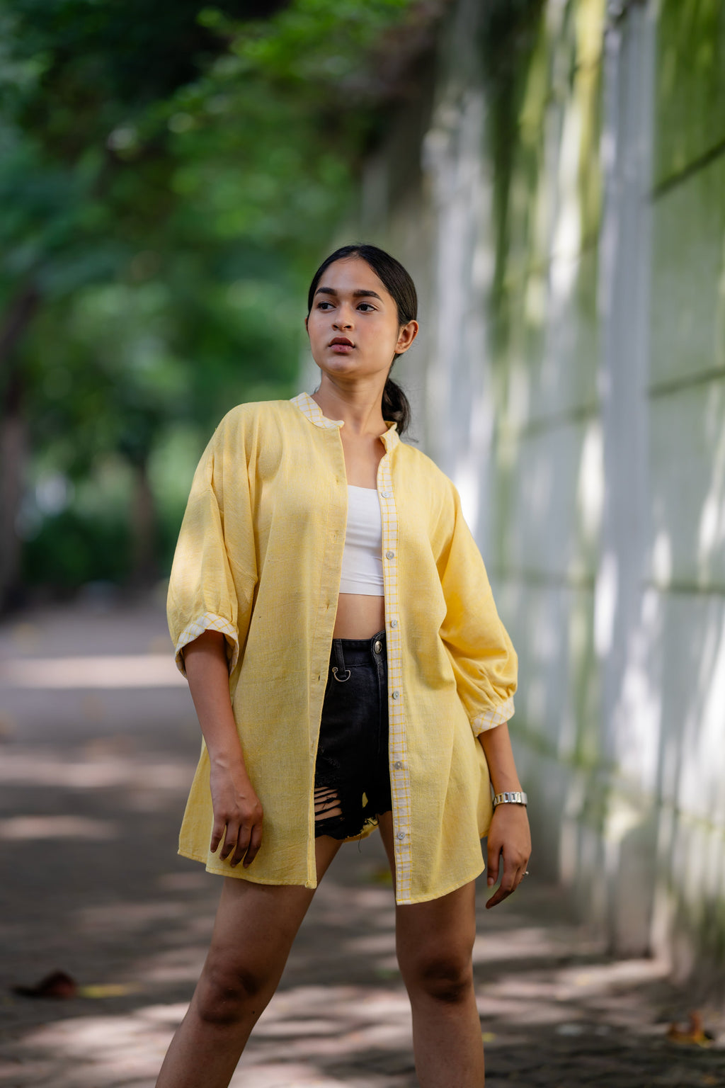 Yellow Mandarin Collar Handloom Cotton Shirt at Kamakhyaa by Krushnachuda. This item is Casual Wear, Handloom Cotton, Natural Dye, Organic, Relaxed Fit, Shirts, Solids, Yellow