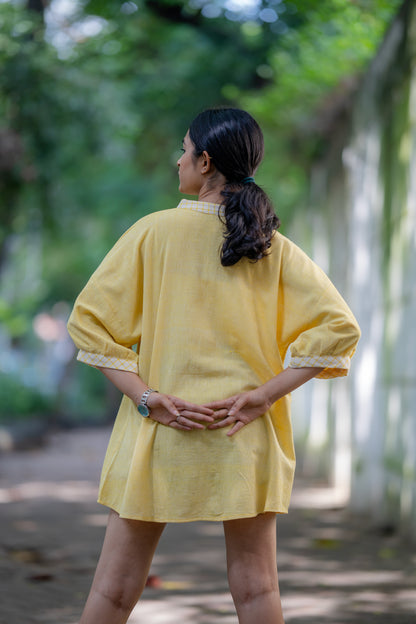 Yellow Mandarin Collar Handloom Cotton Shirt at Kamakhyaa by Krushnachuda. This item is Casual Wear, Handloom Cotton, Natural Dye, Organic, Relaxed Fit, Shirts, Solids, Yellow