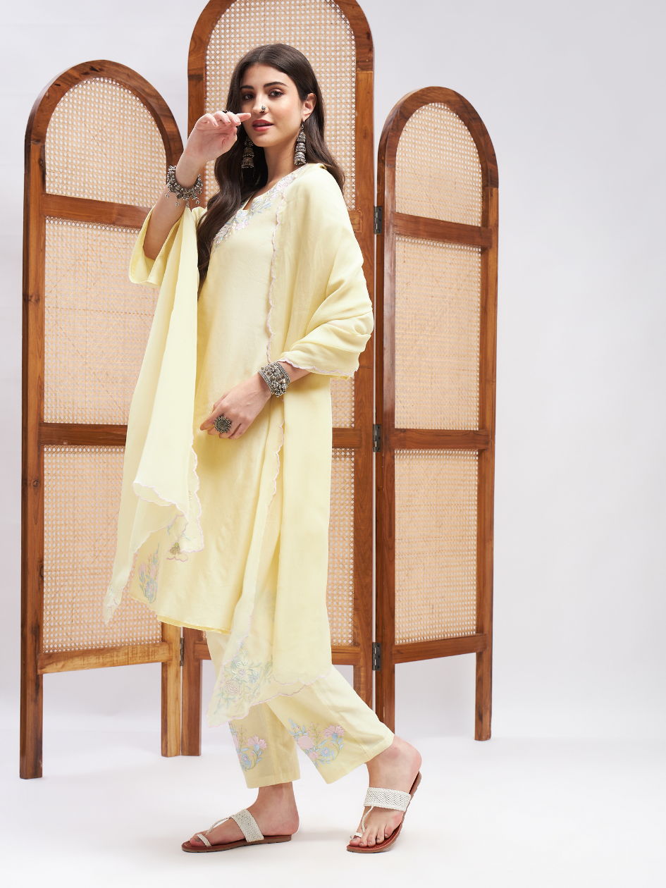 Yellow Organza Kurta Pant Set with Dupatta at Kamakhyaa by RoohbyRidhimaa. This item is Chanderi Silk, Cotton, Cotton Mulmul, Dupattas, Festive Wear, Kurta Set with Dupattas, Kurta Sets, Organza, Relaxed Fit, Resham Embroidered, Silk Chanderi, Toxin free, Yellow
