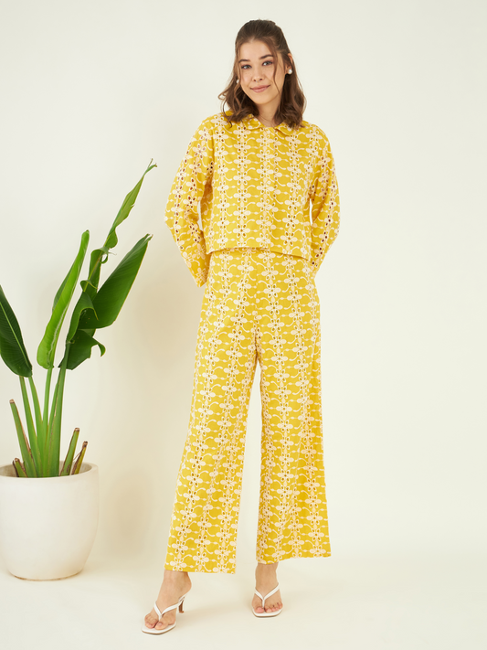 Yellow Regular Fit Co-ord Set at Kamakhyaa by Bohobi. This item is 100% Cotton, Cotton Mulmul, Office Wear, Office Wear Co-ords, Prints, Regular Fit, Toxin free, Yellow
