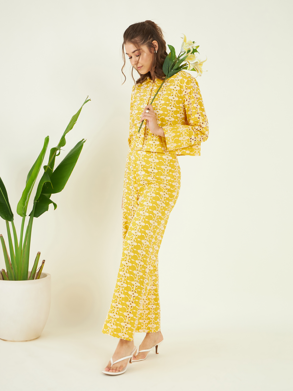 Yellow Regular Fit Co-ord Set at Kamakhyaa by Bohobi. This item is 100% Cotton, Cotton Mulmul, Office Wear, Office Wear Co-ords, Prints, Regular Fit, Toxin free, Yellow
