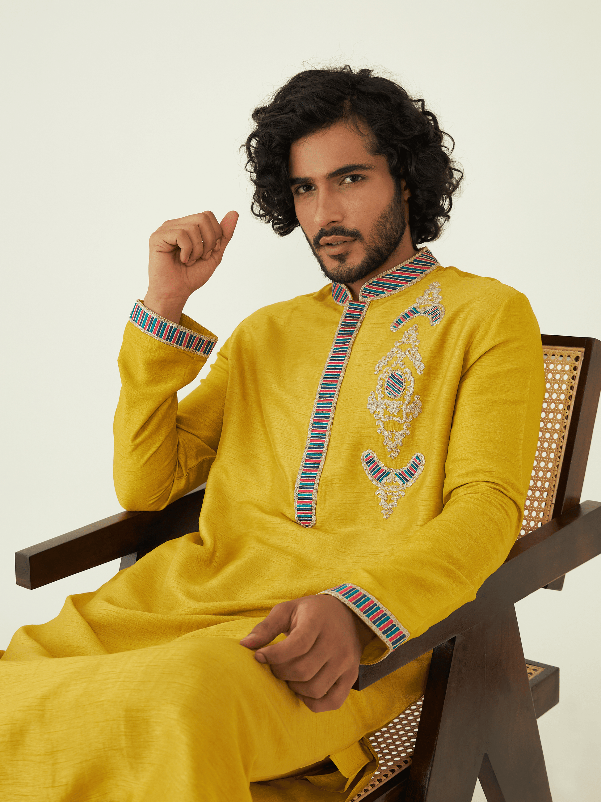 Yellow Regular Fit Kurta Set at Kamakhyaa by RoohbyRidhimaa. This item is Festive Wear, Kurta Pant Sets, Men Kurta Pant Sets, Menswear By RoohbyRidhimaa, Qala By RoohbyRidhimaa, Regular Fit, Solids, Viscose Raw Silk, Yellow