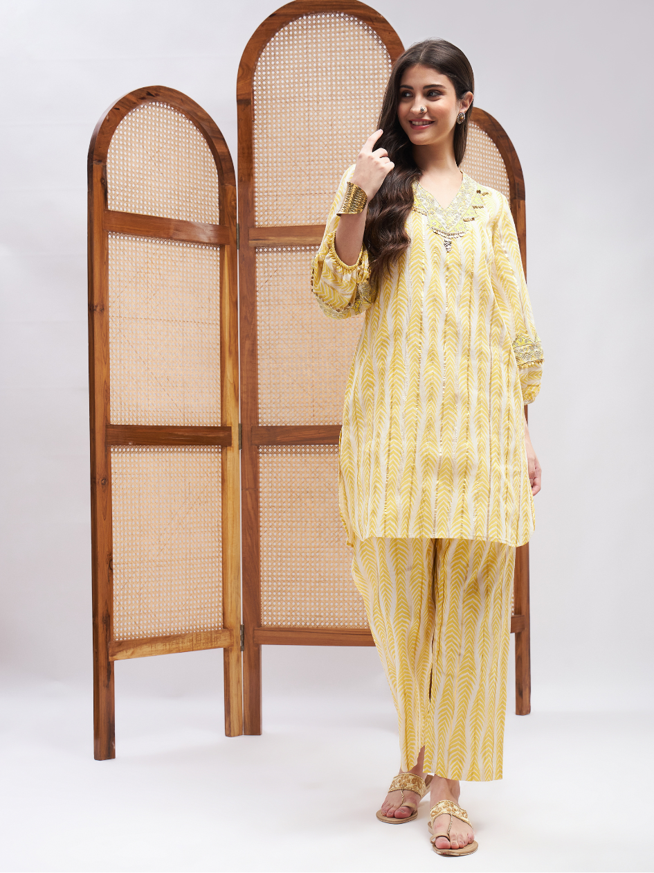 Yellow Resham Embroidered Kurta Set at Kamakhyaa by RoohbyRidhimaa. This item is Cotton, Embroidered, Hand Embroidery, Kurta Sets, Office Wear, Regular Fit, Resham, Resham Embroidered, Toxin free, Yellow