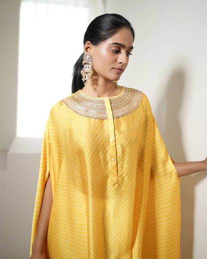 Yellow Satin Silk Bandhej Kurta Pant Set at Kamakhyaa by Mayura Kumar. This item is Bandhej, Bandhej Bandhini Mixology by Mayura Kumar, Dry clean, Festive Wear, Relaxed Fit, Satin Silk, Tie-Dye, Yellow