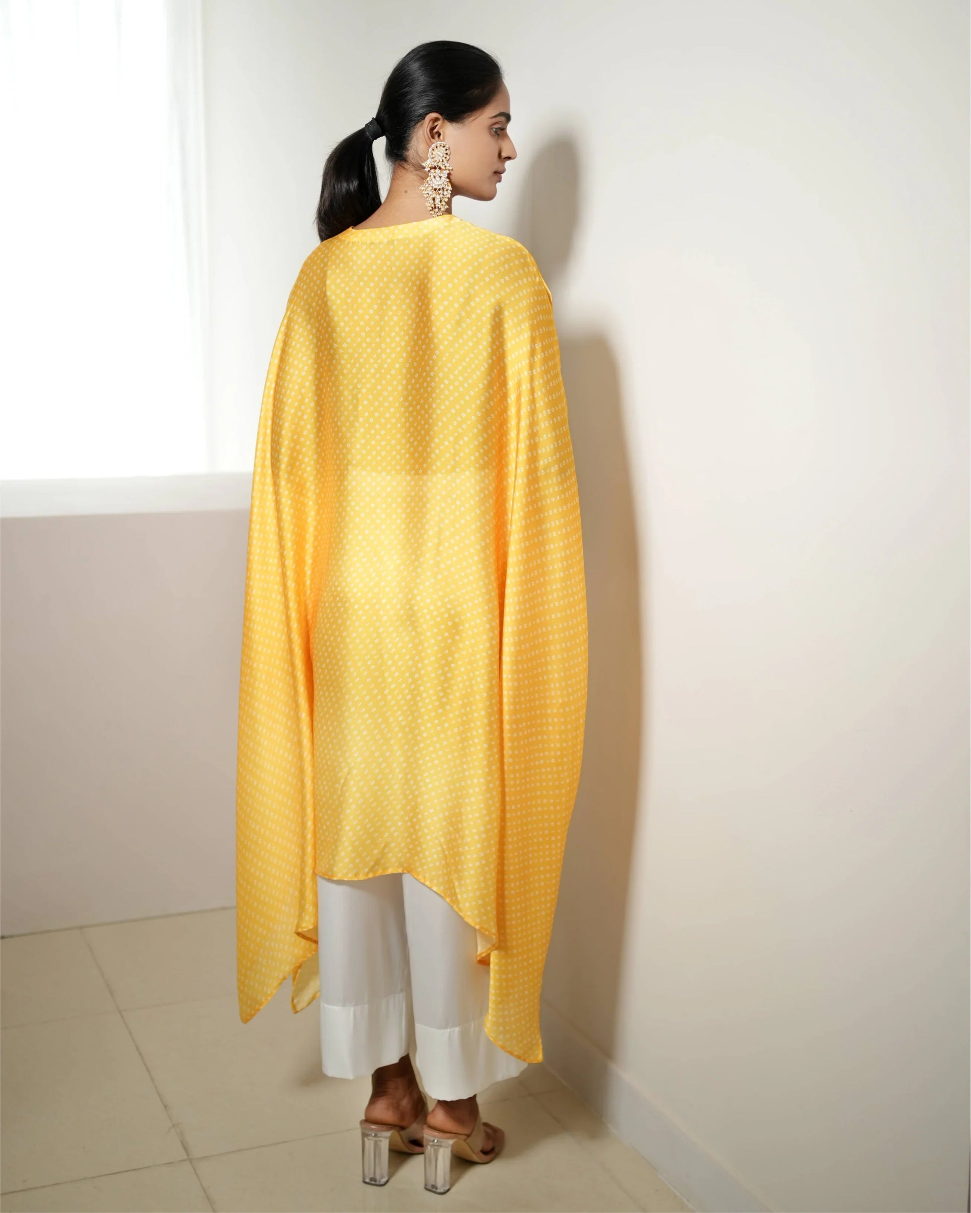 Yellow Satin Silk Bandhej Kurta Pant Set at Kamakhyaa by Mayura Kumar. This item is Bandhej, Bandhej Bandhini Mixology by Mayura Kumar, Dry clean, Festive Wear, Relaxed Fit, Satin Silk, Tie-Dye, Yellow