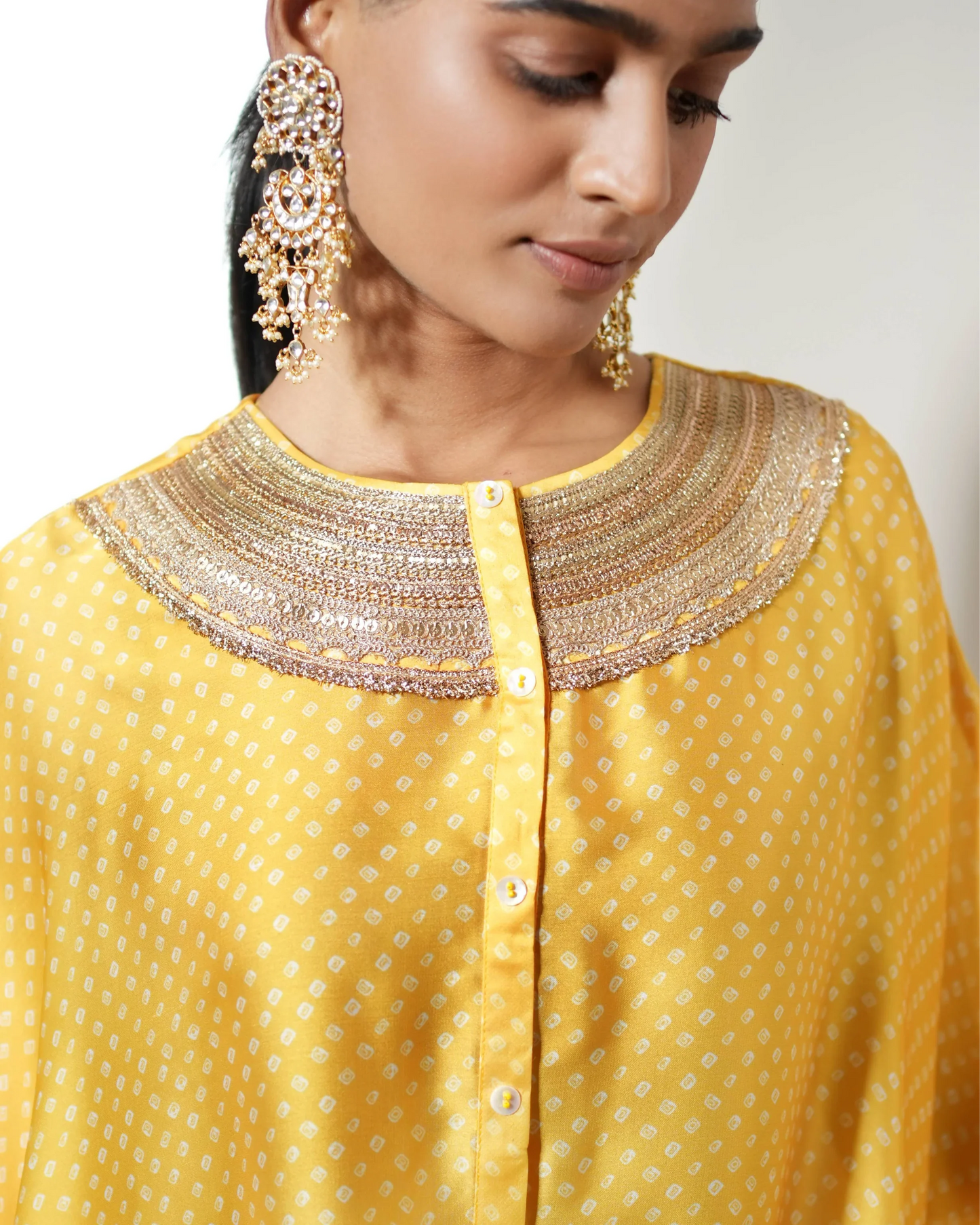 Yellow Satin Silk Bandhej Kurta Pant Set at Kamakhyaa by Mayura Kumar. This item is Bandhej, Bandhej Bandhini Mixology by Mayura Kumar, Dry clean, Festive Wear, Relaxed Fit, Satin Silk, Tie-Dye, Yellow