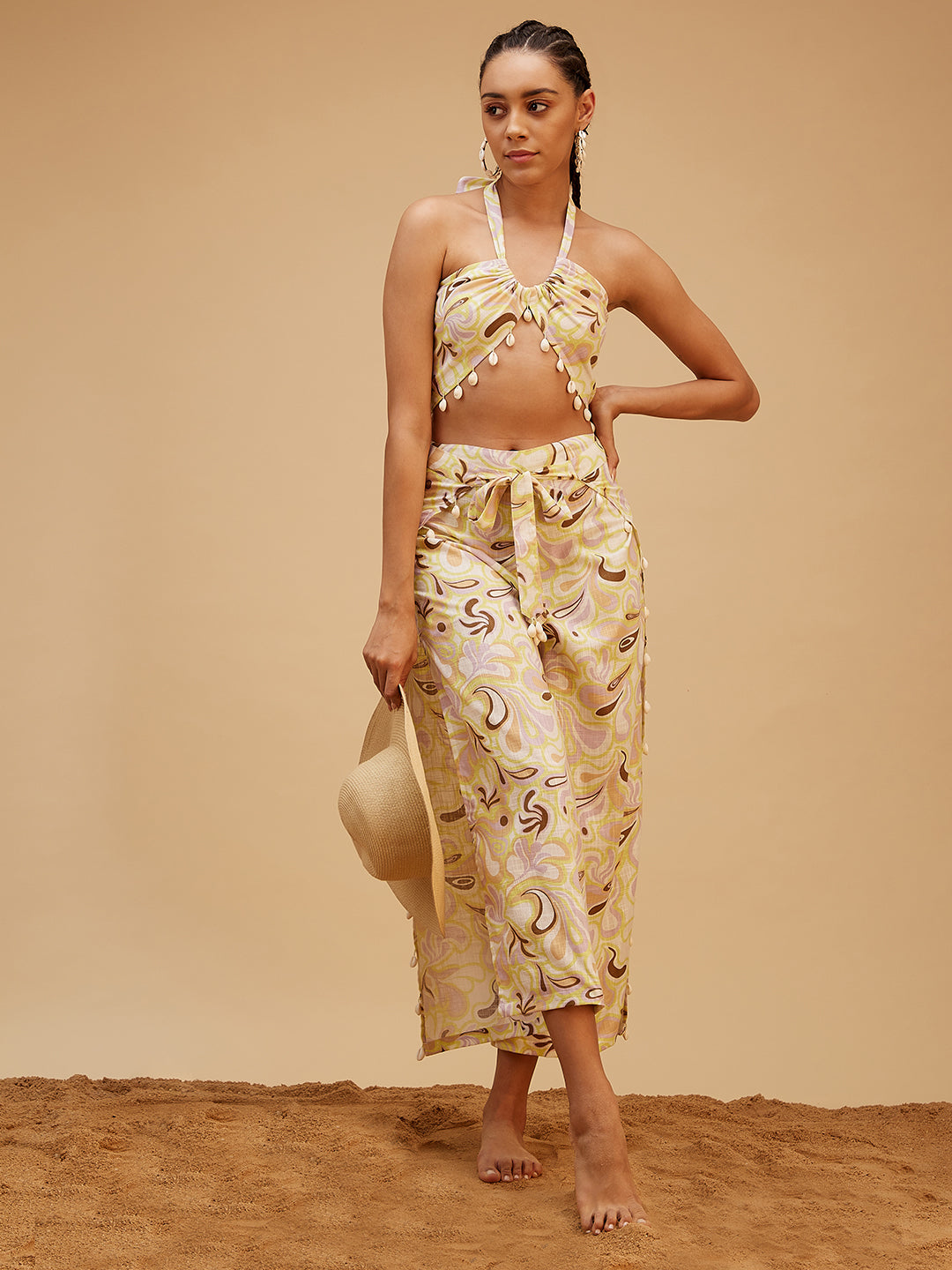 Yellow Sea Shell Vacation Co-ord Set at Kamakhyaa by Bohobi. This item is 100% Cotton, Prints, Regular Fit, Resort Wear, Toxin free, Vacation Co-ord Sets, Yellow
