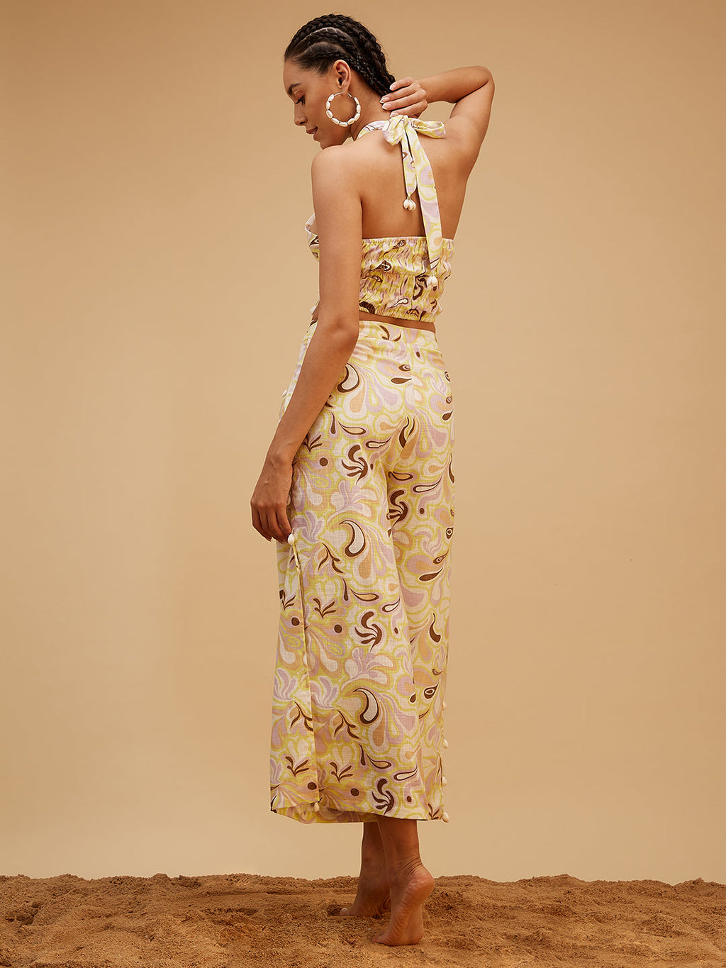 Yellow Sea Shell Vacation Co-ord Set at Kamakhyaa by Bohobi. This item is 100% Cotton, Prints, Regular Fit, Resort Wear, Toxin free, Vacation Co-ord Sets, Yellow