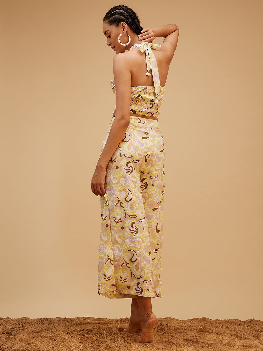 Yellow Sea Shell Vacation Co-ord Set at Kamakhyaa by Bohobi. This item is 100% Cotton, Prints, Regular Fit, Resort Wear, Toxin free, Vacation Co-ord Sets, Yellow