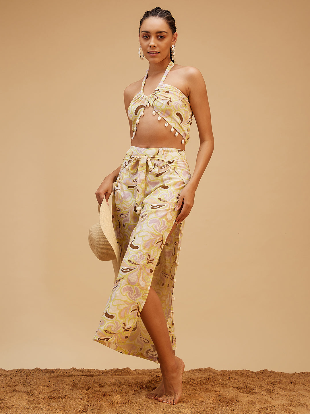 Yellow Sea Shell Vacation Co-ord Set at Kamakhyaa by Bohobi. This item is 100% Cotton, Prints, Regular Fit, Resort Wear, Toxin free, Vacation Co-ord Sets, Yellow