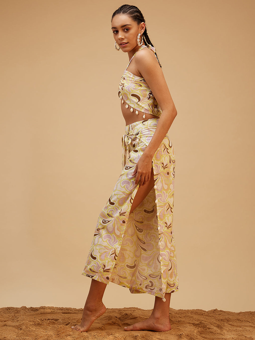 Yellow Sea Shell Vacation Co-ord Set at Kamakhyaa by Bohobi. This item is 100% Cotton, Prints, Regular Fit, Resort Wear, Toxin free, Vacation Co-ord Sets, Yellow