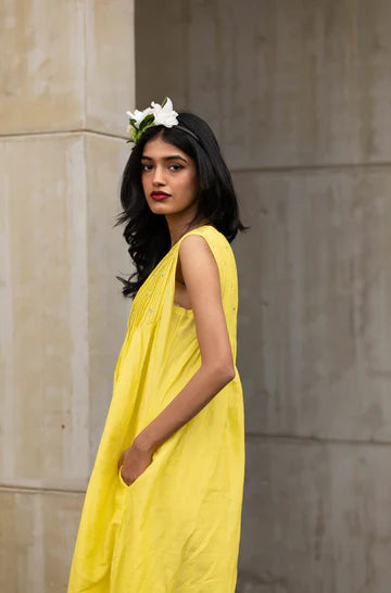 Yellow Sleeveless Cotton Silk Dress at Kamakhyaa by Araayeh. This item is Artisan Made, Cotton Silk, Evening Wear, Relaxed Fit, Sleeveless Dresses, Solids, Yellow