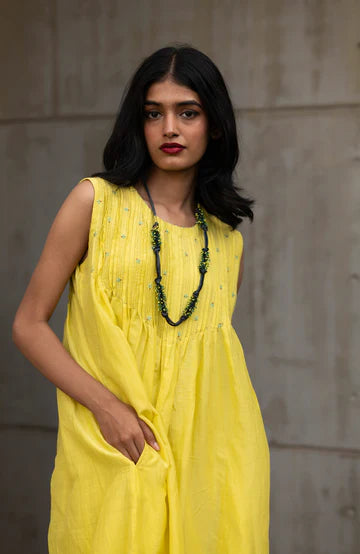 Yellow Sleeveless Cotton Silk Dress at Kamakhyaa by Araayeh. This item is Artisan Made, Cotton Silk, Evening Wear, Relaxed Fit, Sleeveless Dresses, Solids, Yellow