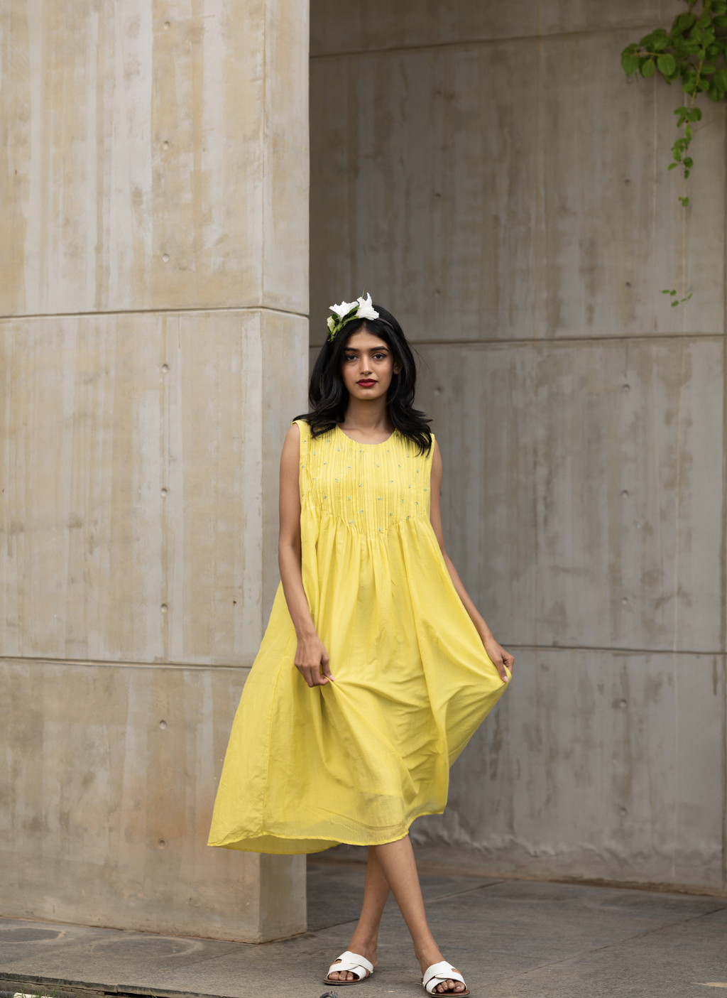 Yellow Sleeveless Cotton Silk Dress at Kamakhyaa by Araayeh. This item is Artisan Made, Cotton Silk, Evening Wear, Relaxed Fit, Sleeveless Dresses, Solids, Yellow