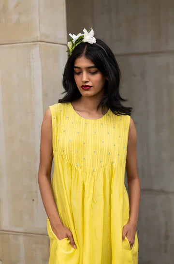 Yellow Sleeveless Cotton Silk Dress at Kamakhyaa by Araayeh. This item is Artisan Made, Cotton Silk, Evening Wear, Relaxed Fit, Sleeveless Dresses, Solids, Yellow