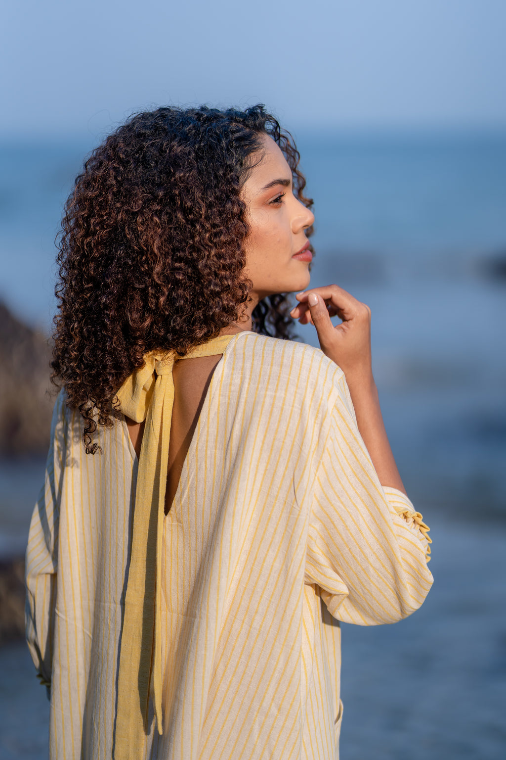 Yellow Striped Frilled Sleeve Dress at Kamakhyaa by Krushnachuda. This item is Handloom Cotton, Midi Dresses, Natural Dye, Organic, Relaxed Fit, Resort Wear, Stripes, Yellow