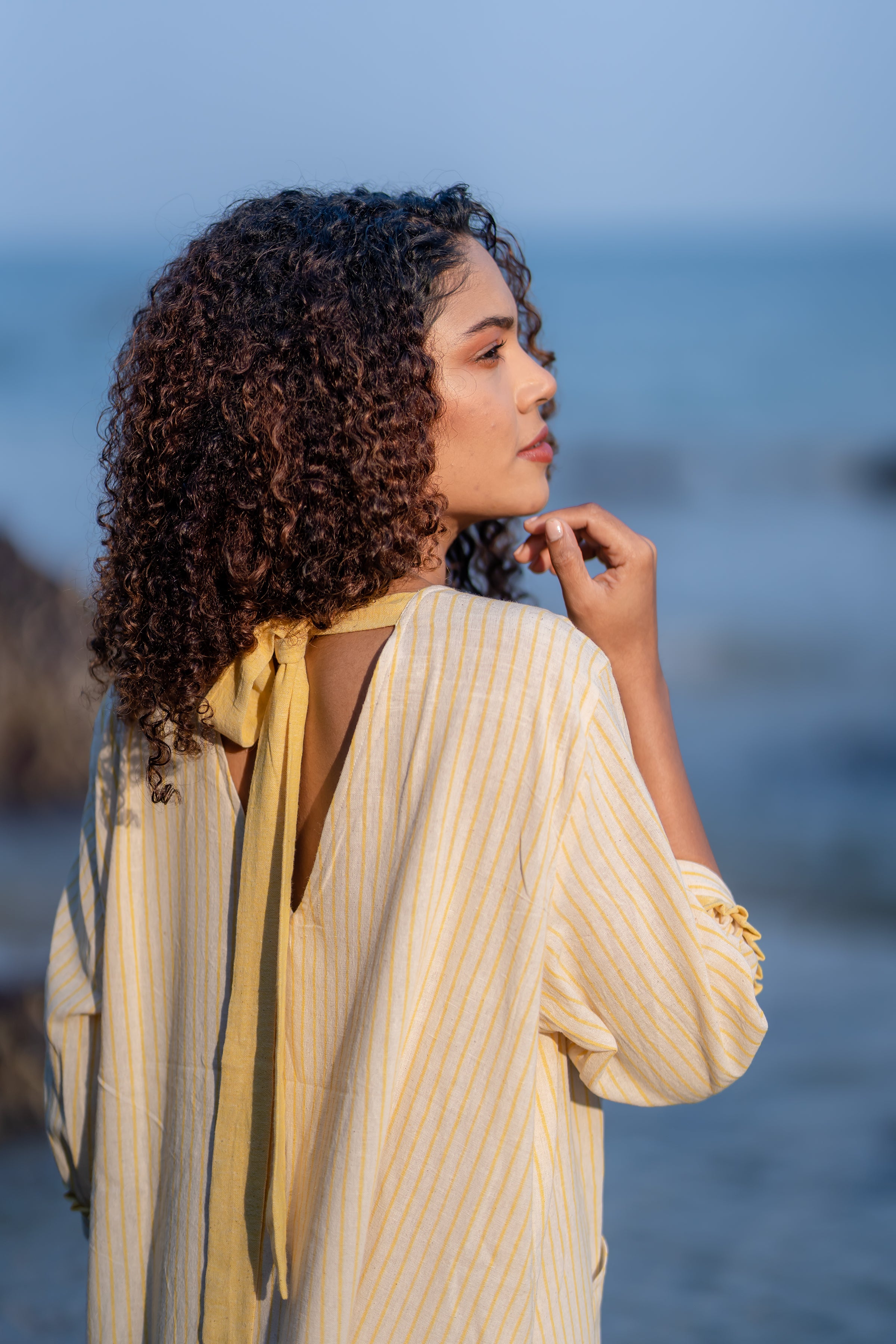 Yellow Striped Frilled Sleeve Dress at Kamakhyaa by Krushnachuda. This item is Handloom Cotton, Midi Dresses, Natural Dye, Organic, Relaxed Fit, Resort Wear, Stripes, Yellow