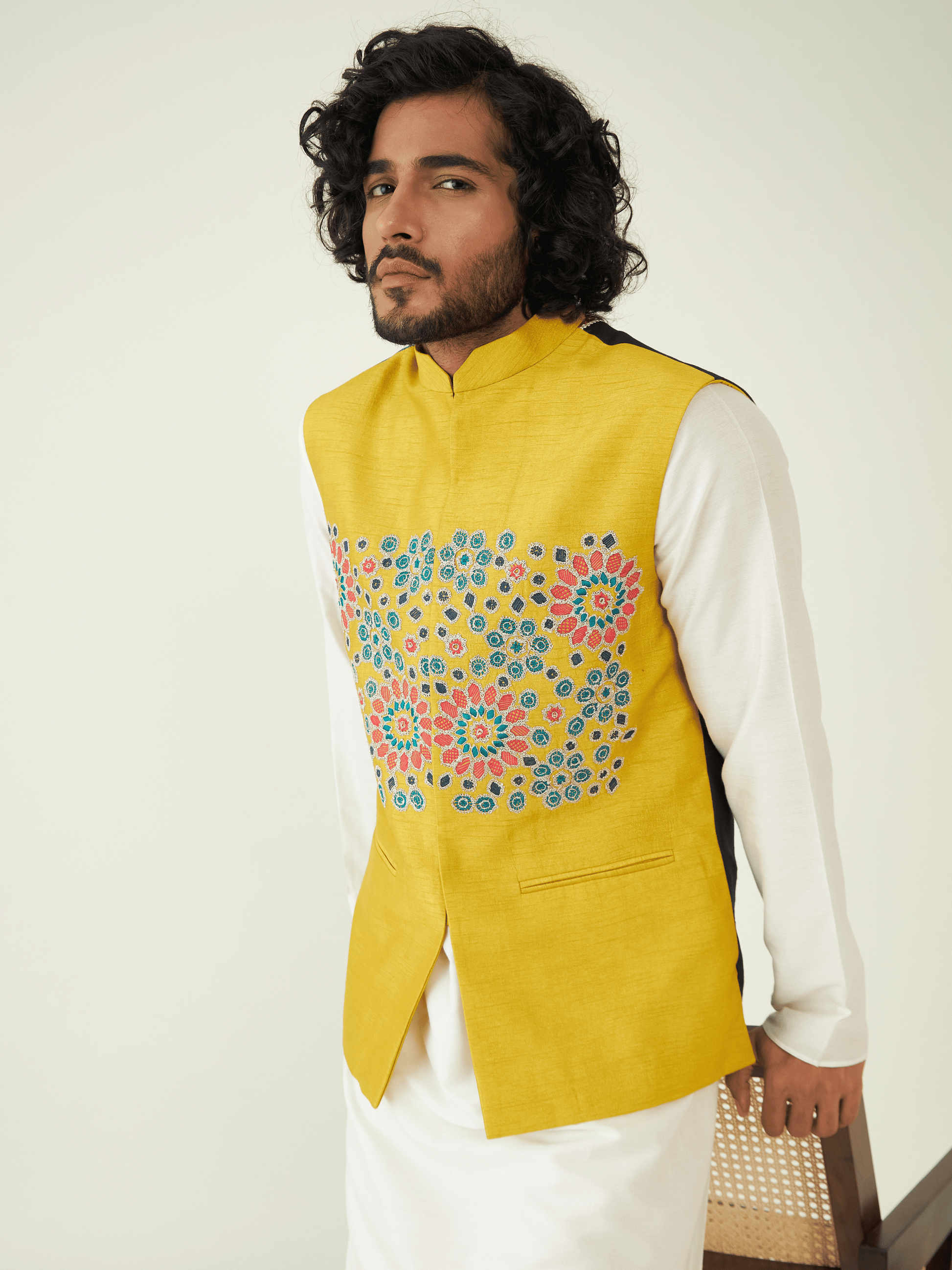 Yellow Zardozi Embroidery Jacket at Kamakhyaa by RoohbyRidhimaa. This item is Festive Wear, Jackets, Men Jackets, Menswear By RoohbyRidhimaa, Qala By RoohbyRidhimaa, Regular Fit, Resham, Resham Embroidered, Viscose Raw Silk, Yellow, Zardozi Embroidery