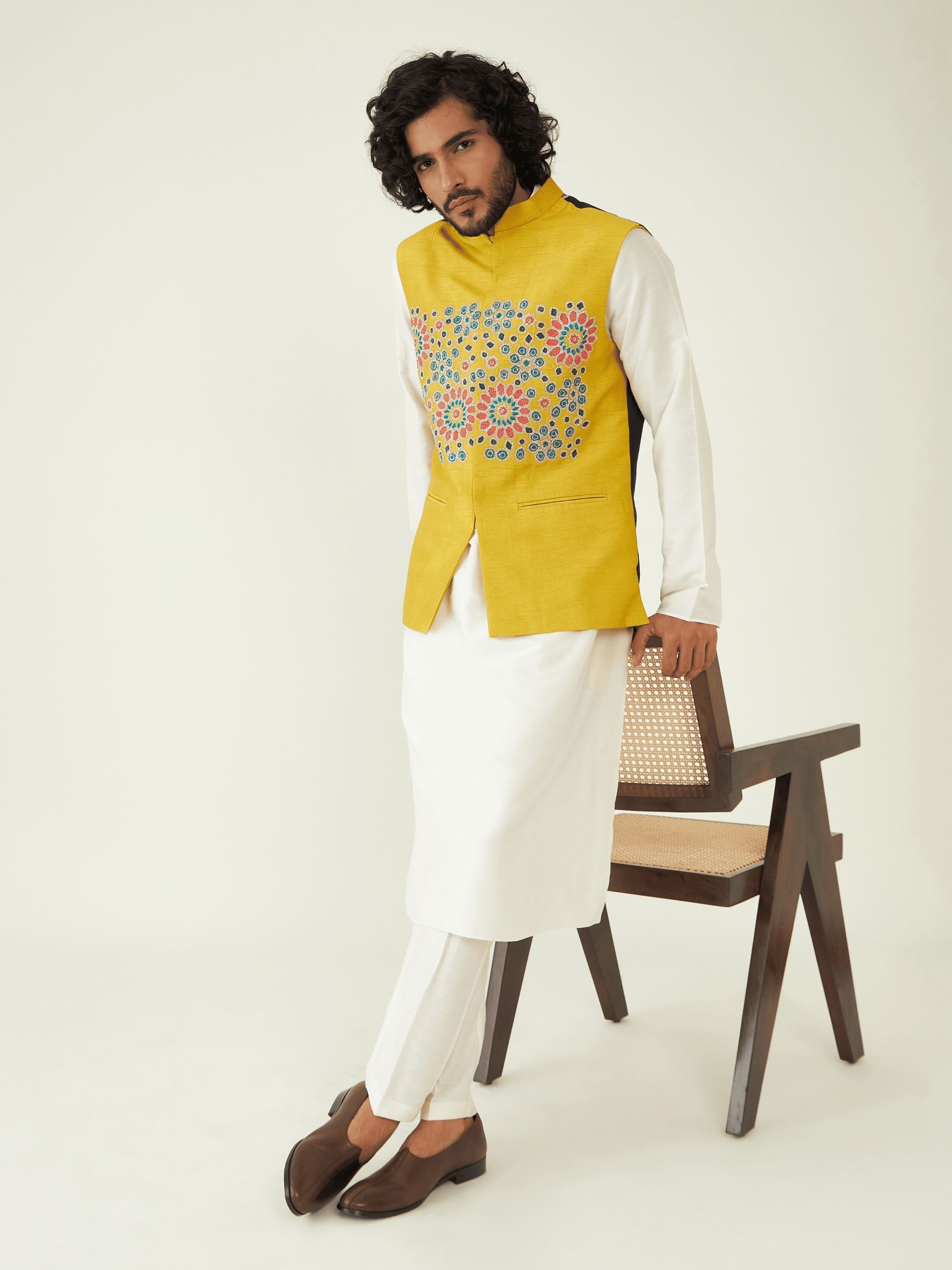 Yellow Zardozi Embroidery Jacket at Kamakhyaa by RoohbyRidhimaa. This item is Festive Wear, Jackets, Men Jackets, Menswear By RoohbyRidhimaa, Qala By RoohbyRidhimaa, Regular Fit, Resham, Resham Embroidered, Viscose Raw Silk, Yellow, Zardozi Embroidery