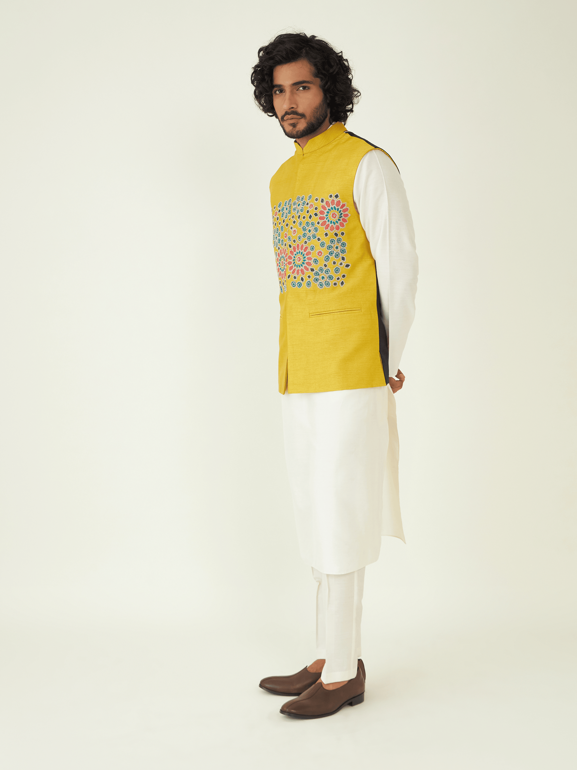 Yellow Zardozi Embroidery Jacket at Kamakhyaa by RoohbyRidhimaa. This item is Festive Wear, Jackets, Men Jackets, Menswear By RoohbyRidhimaa, Qala By RoohbyRidhimaa, Regular Fit, Resham, Resham Embroidered, Viscose Raw Silk, Yellow, Zardozi Embroidery