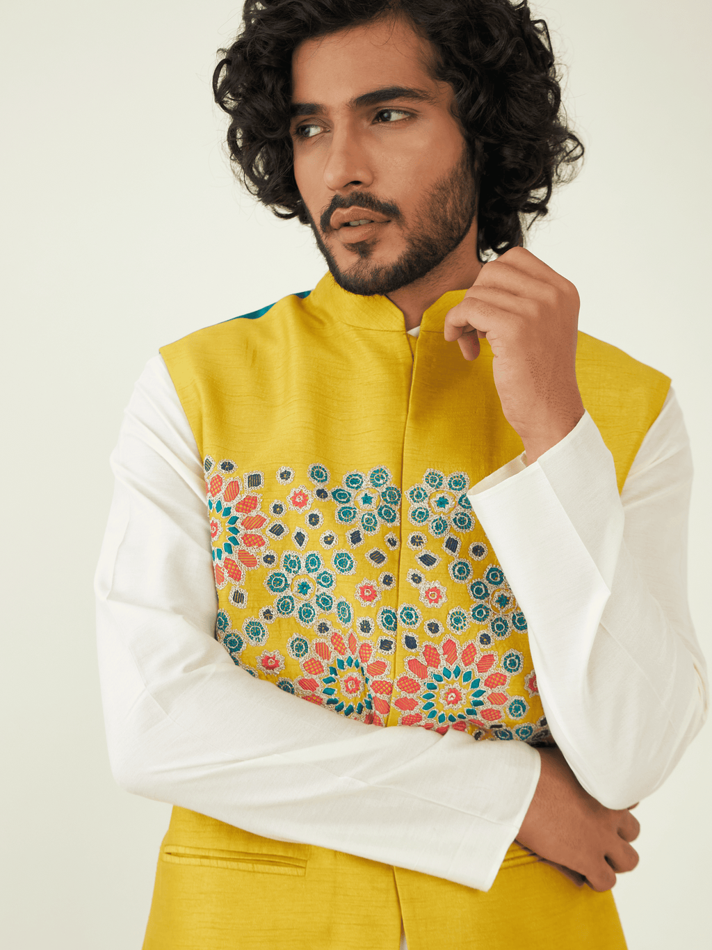 Yellow Zardozi Embroidery Jacket at Kamakhyaa by RoohbyRidhimaa. This item is Festive Wear, Jackets, Men Jackets, Menswear By RoohbyRidhimaa, Qala By RoohbyRidhimaa, Regular Fit, Resham, Resham Embroidered, Viscose Raw Silk, Yellow, Zardozi Embroidery