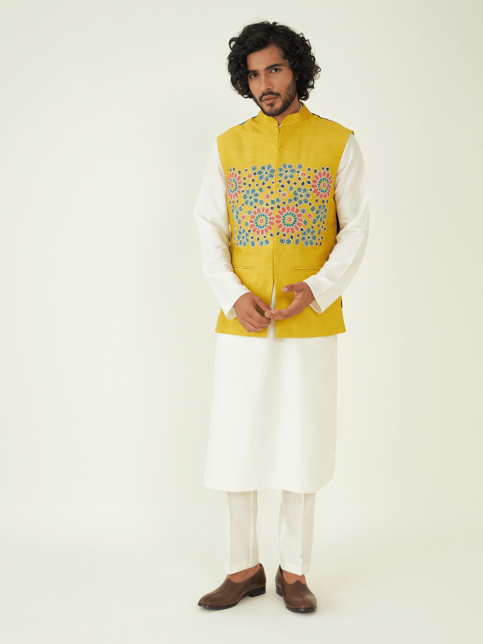 Yellow Zardozi Embroidery Jacket at Kamakhyaa by RoohbyRidhimaa. This item is Festive Wear, Jackets, Men Jackets, Menswear By RoohbyRidhimaa, Qala By RoohbyRidhimaa, Regular Fit, Resham, Resham Embroidered, Viscose Raw Silk, Yellow, Zardozi Embroidery