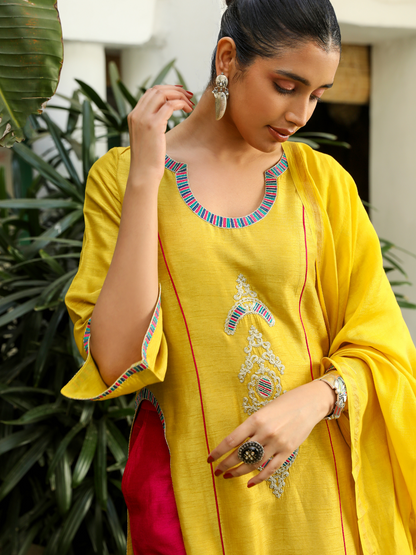 Yellow Zari Embroidered Kurta Pant Set with Dupatta at Kamakhyaa by RoohbyRidhimaa. This item is Chanderi Silk, Dupattas, Embroidered, Festive Wear, Kurta Set with Dupattas, Kurta Sets, Regular Fit, Resham, Resham Embroidered, Silk Chanderi, Toxin free, Viscose Raw Silk, Yellow, Zari Embroidered