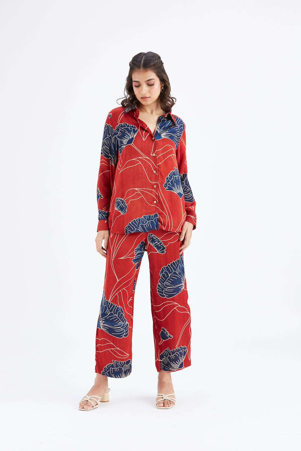 Yuna Red Printed Cotton Co-ord set at Kamakhyaa by Hasttvam. This item is Cotton, Ete by Hasttvam, Floral Prints, Hand Printed, Red, Wedding Wear, Womenswear