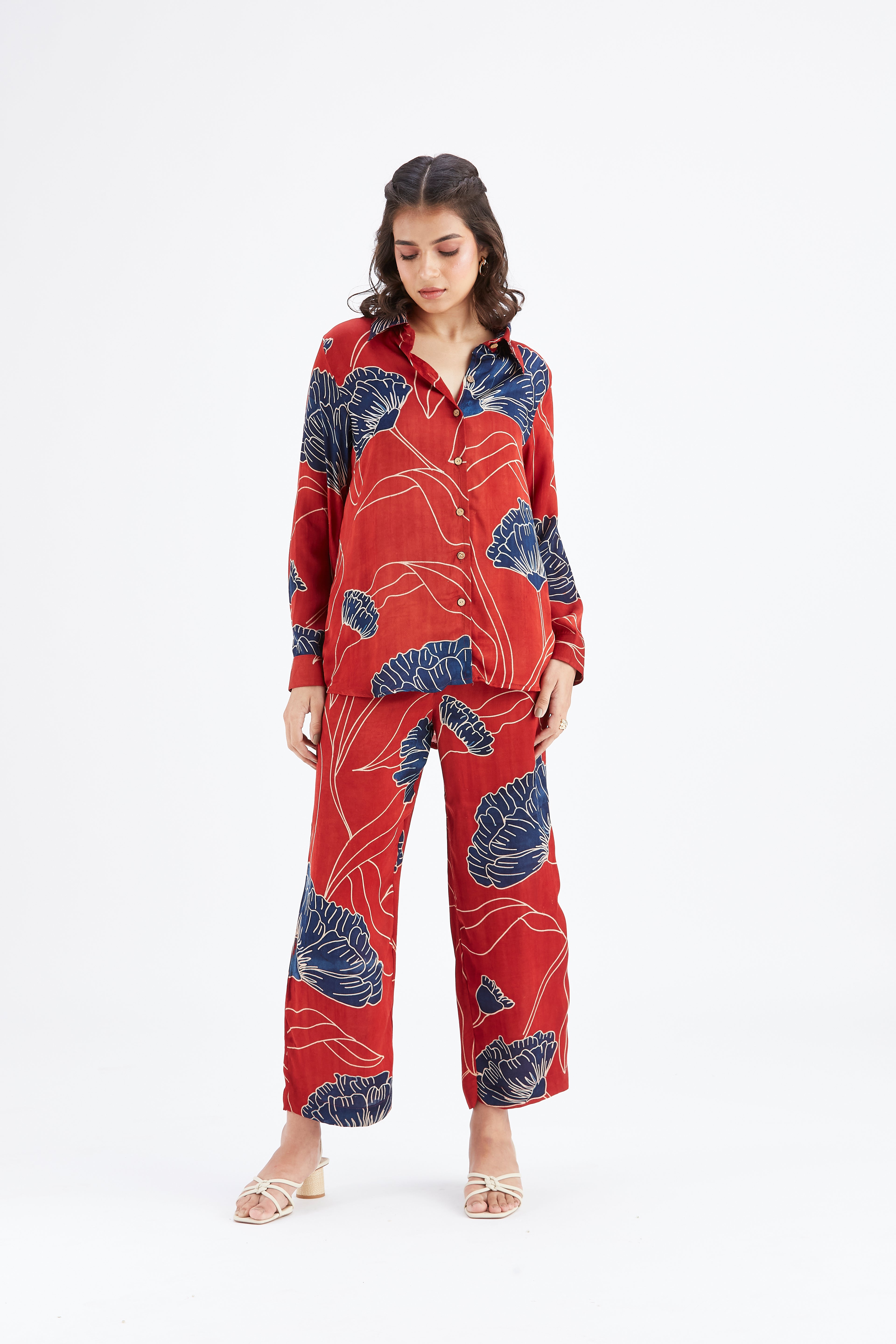 Yuna Red Printed Cotton Co-ord set at Kamakhyaa by Hasttvam. This item is Cotton, Ete by Hasttvam, Floral Prints, Hand Printed, Red, Wedding Wear, Womenswear