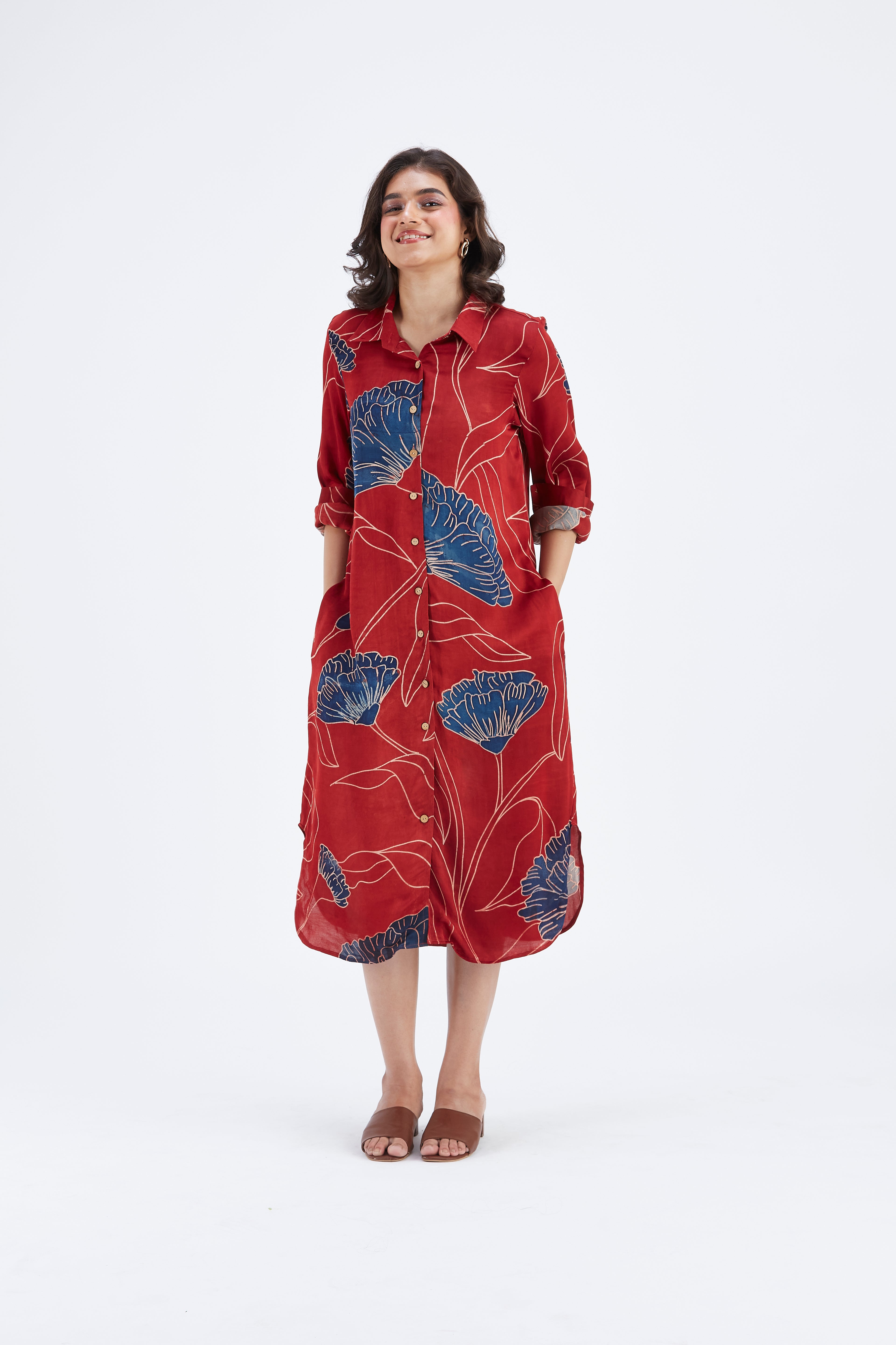 Zae Red Floral Printed Cotton Dress at Kamakhyaa by Hasttvam. This item is Cotton, Ete by Hasttvam, Floral Prints, Fusion Wear, Hand Printed, Red, Womenswear