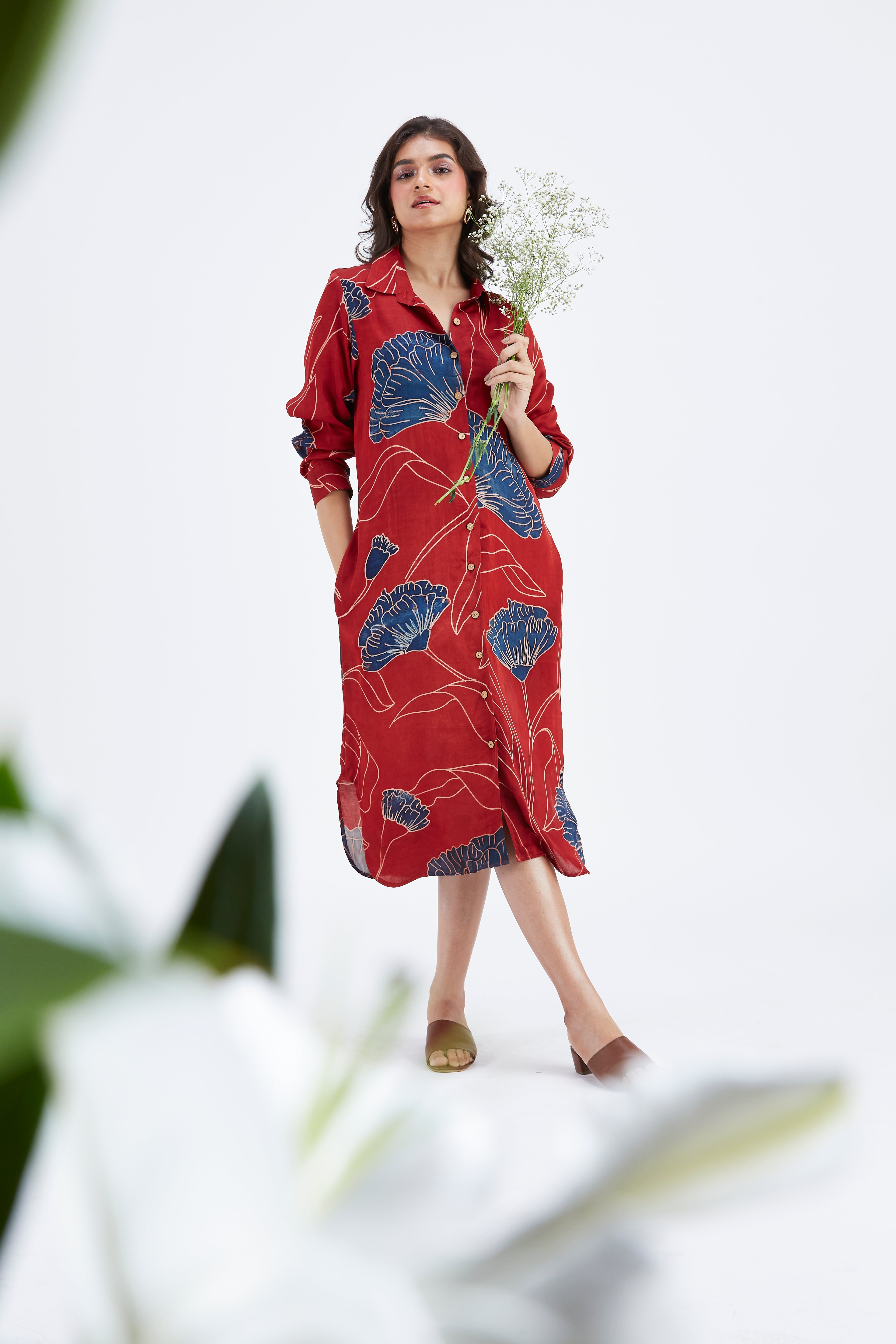 Zae Red Floral Printed Cotton Dress at Kamakhyaa by Hasttvam. This item is Cotton, Ete by Hasttvam, Floral Prints, Fusion Wear, Hand Printed, Red, Womenswear